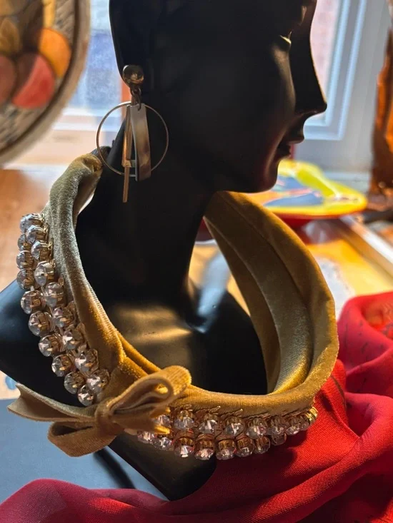 Luxury 2” Mustard Velvet Bow Headband w/ 3” Crystal & Gilded Leaf Embellishment - Picture 7 of 7